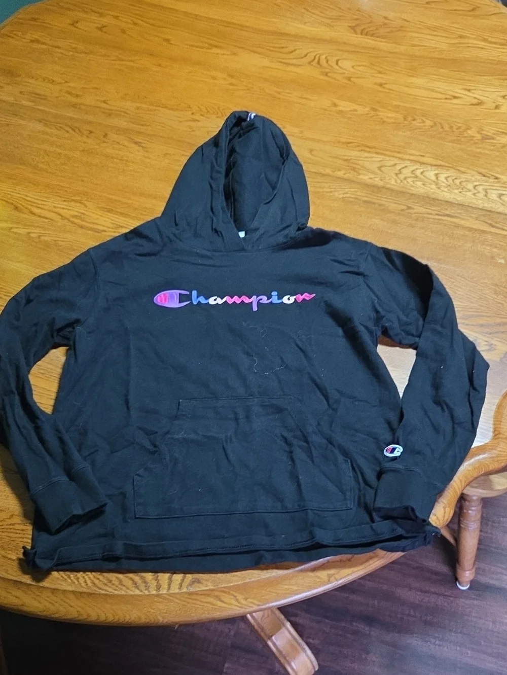 Champion Black Hoodie with Pink and Purple Script Logo